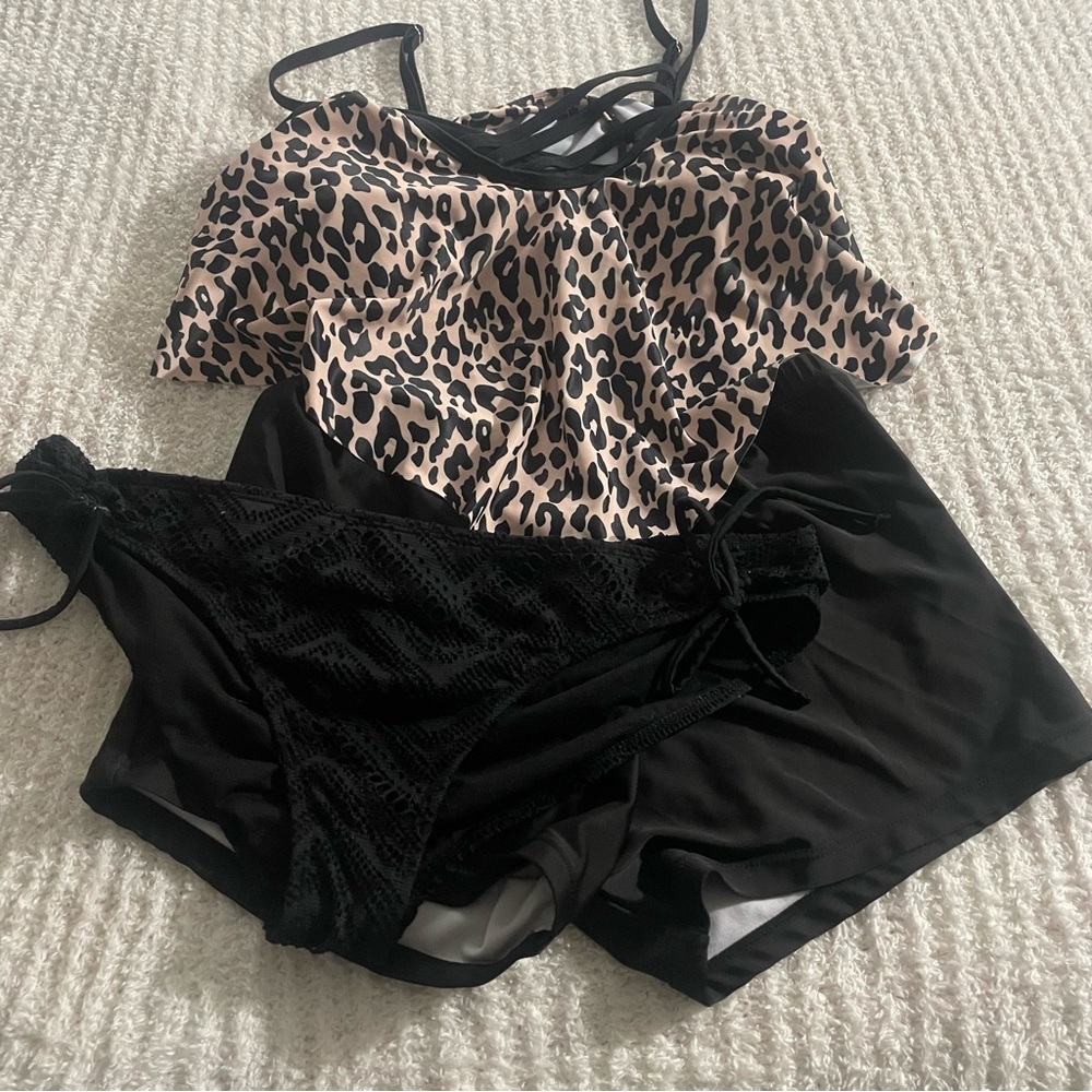 Leopard Print and Black Swimsuit Set